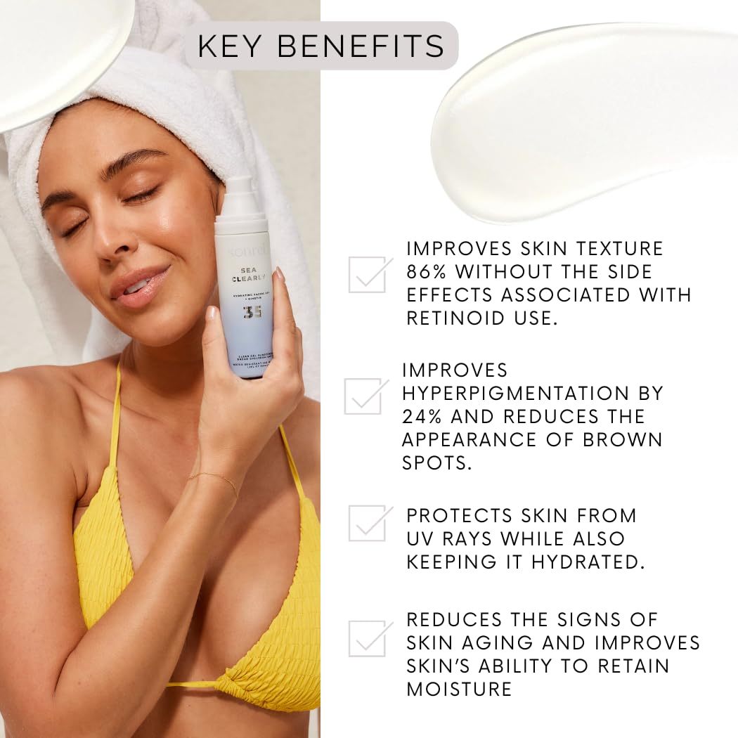Sonrei Sea Clearly Hydrating Facial SPF 35 + Anti-aging Growth Factor Clear Sunscreen Gel & Primer | Broad Spectrum UV Protection | Water Resistant and Vegan | Non-greasy (1-Pack)