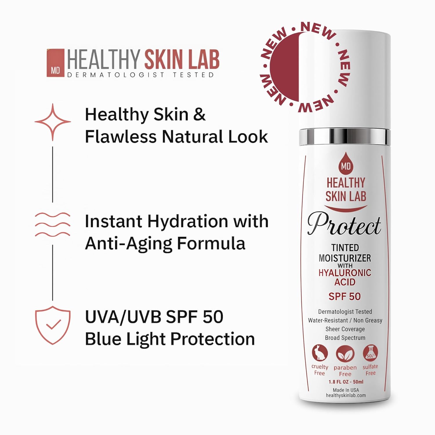 Healthy Skin Lab Protect Tinted Moisturizer & Mineral Sunscreen SPF 50, Anti-Aging, Lightweight Makeup With Broad Spectrum UV Protection + Hyaluronic Acid, Dermatologist-Tested, All Skin Types, 1.8 oz