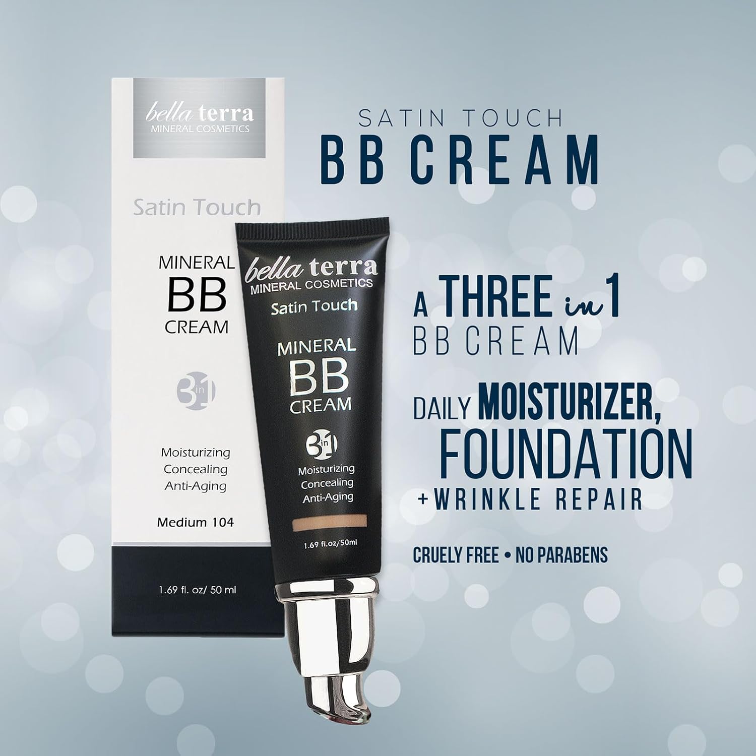 Bellaterra Cosmetics BB Cream - Tinted Moisturizer, Mineral Foundation Makeup, Medium 104 | Skin Perfector, 1.69 oz