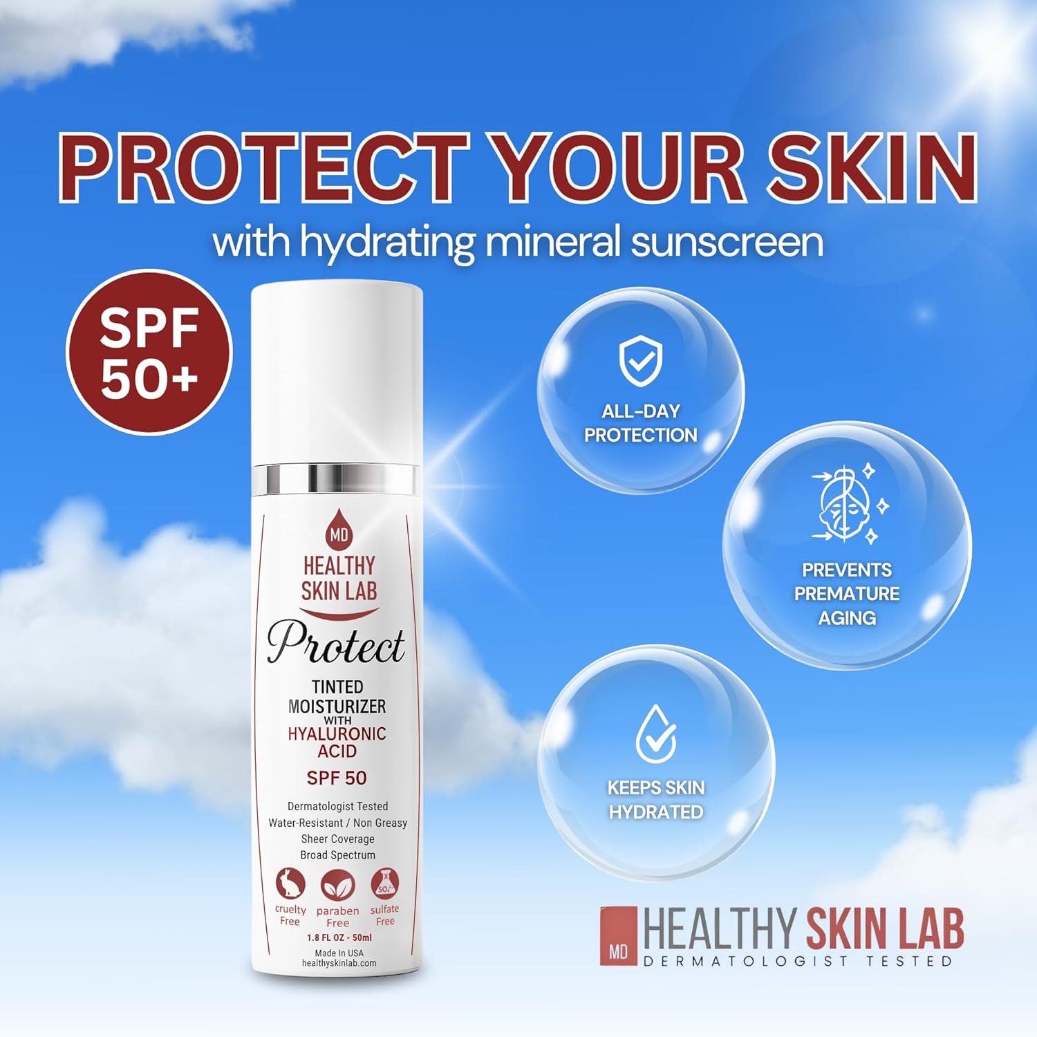 Healthy Skin Lab Protect Tinted Moisturizer & Mineral Sunscreen SPF 50, Anti-Aging, Lightweight Makeup With Broad Spectrum UV Protection + Hyaluronic Acid, Dermatologist-Tested, All Skin Types, 1.8 oz