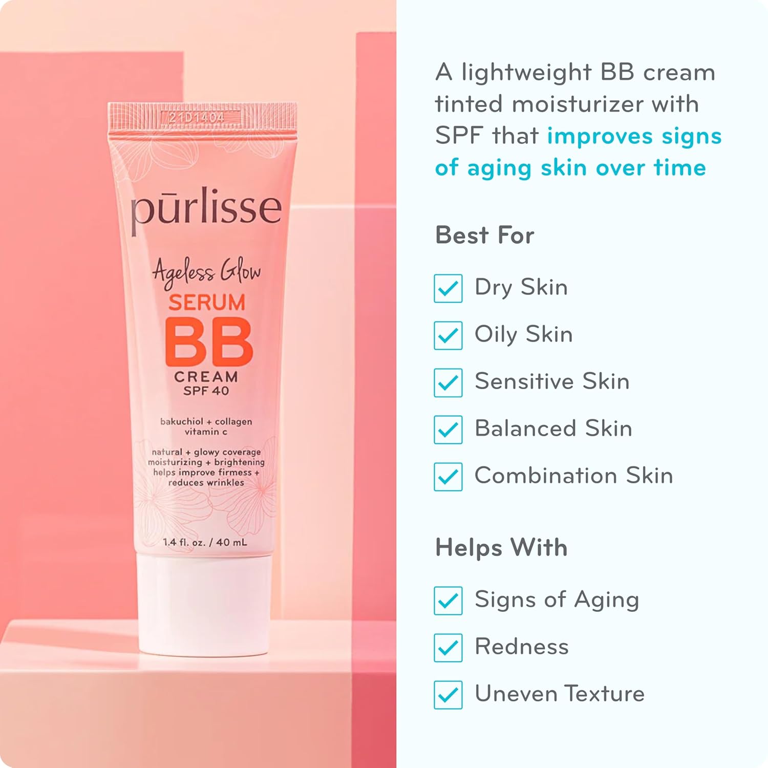 pūrlisse Ageless Glow Serum BB Cream SPF 40 - Glow BB Cream with SPF Enriched with Bakuchiol & Vitamin C to Help Improve Firmness & Reduce Wrinkles for Dewy Skin - Light Medium (1.4 oz)