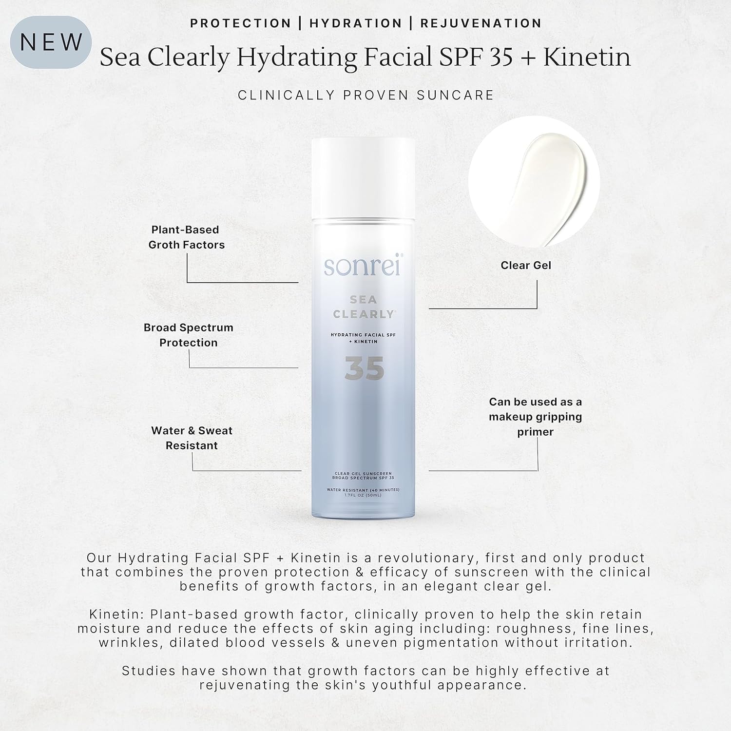 Sonrei Sea Clearly Hydrating Facial SPF 35 + Anti-aging Growth Factor Clear Sunscreen Gel & Primer | Broad Spectrum UV Protection | Water Resistant and Vegan | Non-greasy (1-Pack)